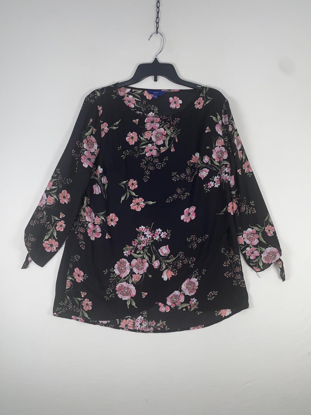 Apt 9 Blouse Womens Large Black Floral 3/4 Sleeve Bow Round Neck Tunic Top
